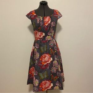 Retrolocious Gray Floral Retro Dress Size Medium
